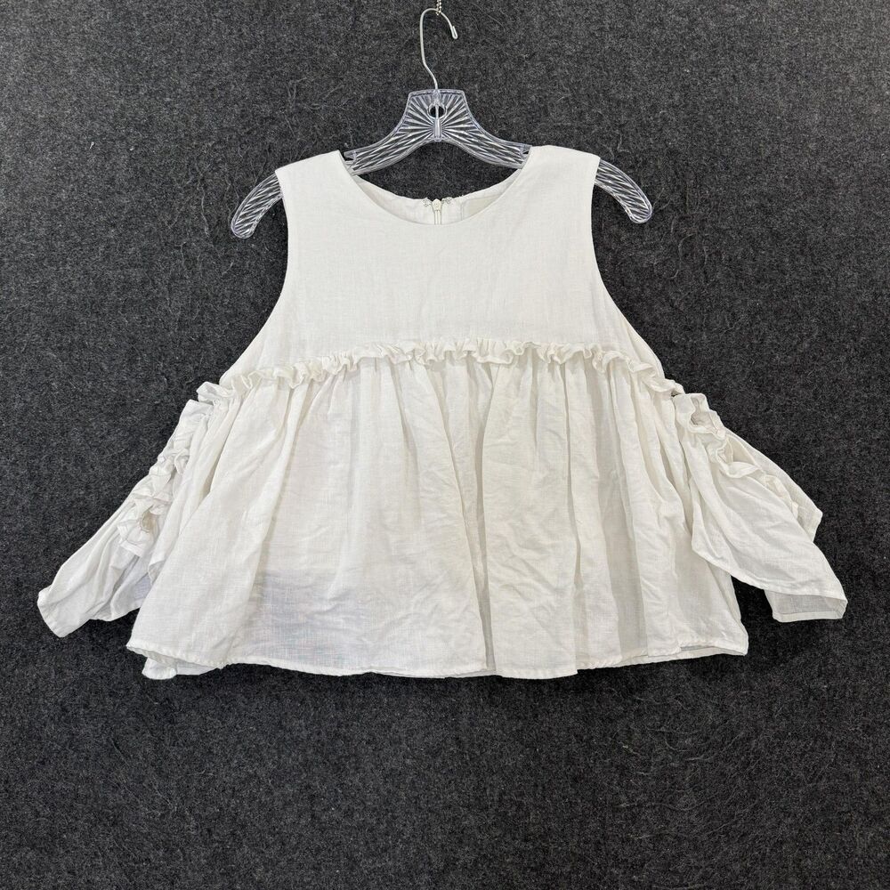 J.O.A. Blouse Women's Medium White 100% Linen Ruffle Peplum Sleeve Swing